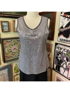 Alex Marie Silver Sequin Rayon Blend Fully Lined V Neck Sleeveless Top Size XL